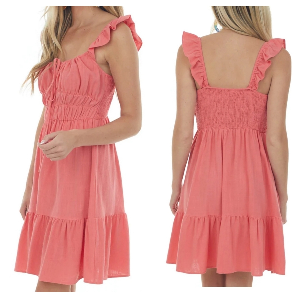 40 Coral round neck elastic smocked waist tiered flowy babydoll dress